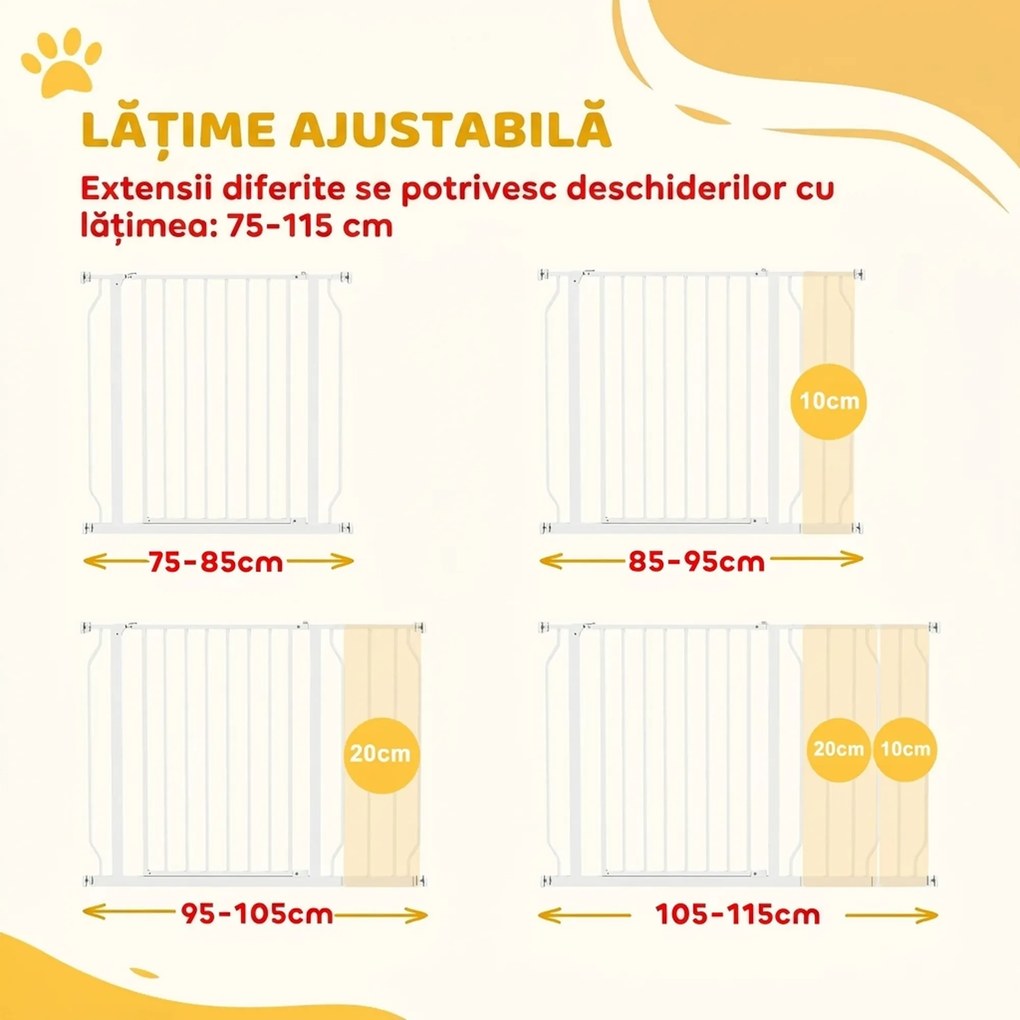 PawHut Poartă de Siguranță pentru Câini din Oțel și ABS, Poartă Extensibilă pentru Câini pentru Scări și Uși, 75-115 cm, Alb
