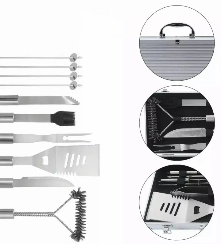 Set de 11 ustensile de grătar Klausberg KB 7901, Geantă de transport, Mânere ergonomice, Oțel inoxidabil, Inox