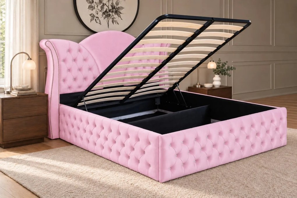 Pat tapițat Chesterfield din catifea Velora Deluxe 140×200 cm, roz, cu ladă de depozitare