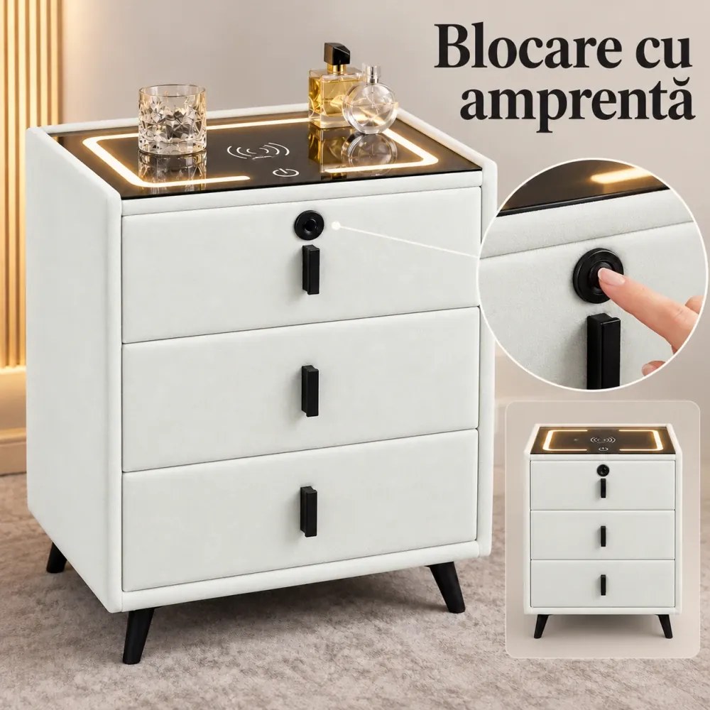 Noptieră inteligentă multifuncțională, 3 sertare, blocare cu amprentă, LED-uri tactile, 3 tipuri de culoare, încărcare fără fir, Difuzor Bluetooth, incarcare USB, sticla securizata, catifea
