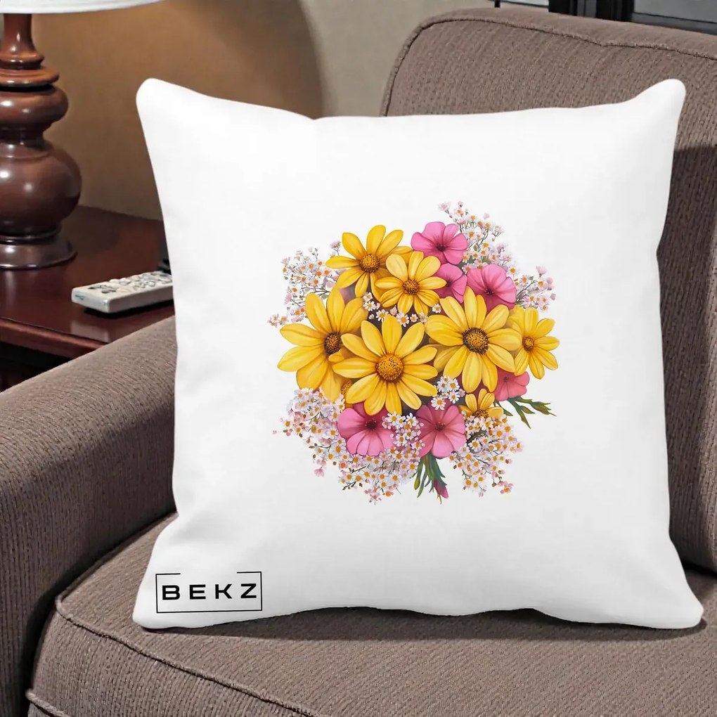 Perna Decorativa Floarea-Soarelui cu Cosmos Roz si Gypsophila, 40x40 cm, Alba Mata, Husa Detasabila, Perna Inclusa, BEKZ®