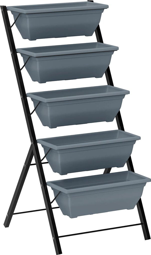 Outsunny Jardinieră înălțată cu niveluri jardinieră verticală cu 5 ghivece orificii de drenaj cadru din oțel gri | Aosom Romania