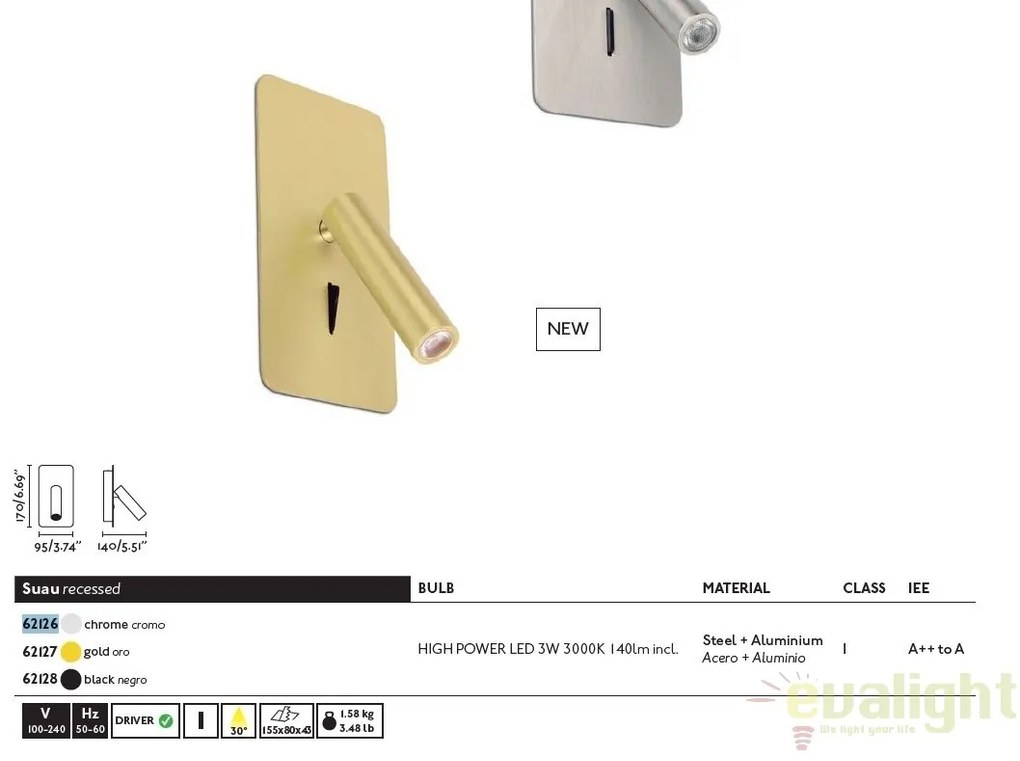 Lampa de perete cu reader LED incastrabila design modern minimalist SUAU neagra 62128