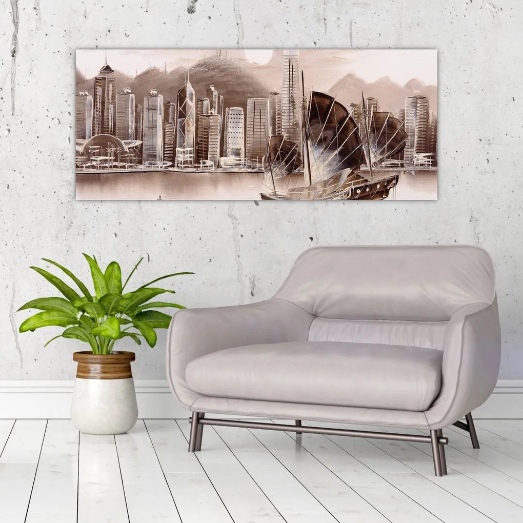 Tablou - Victoria Harbour, Hong Kong, efect sepia (120x50 cm)