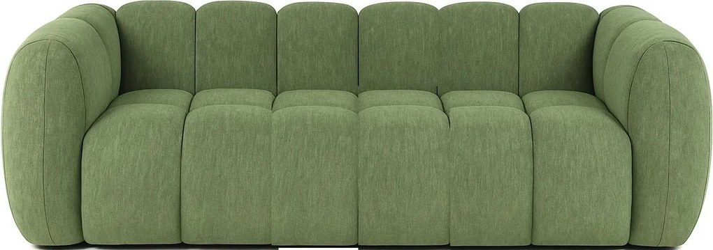 Canapea cu 3 locuri din bumbac, verde, spătar și brațe cu volume tubulare și picioare din lemn masiv, 73,5 x 230 x 107 cm, „Nancy”