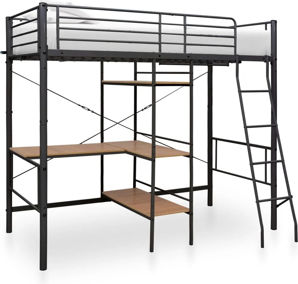 vidaXL Cadru de pat supraetajat cu masă, gri, 90 x 200 cm, metal
