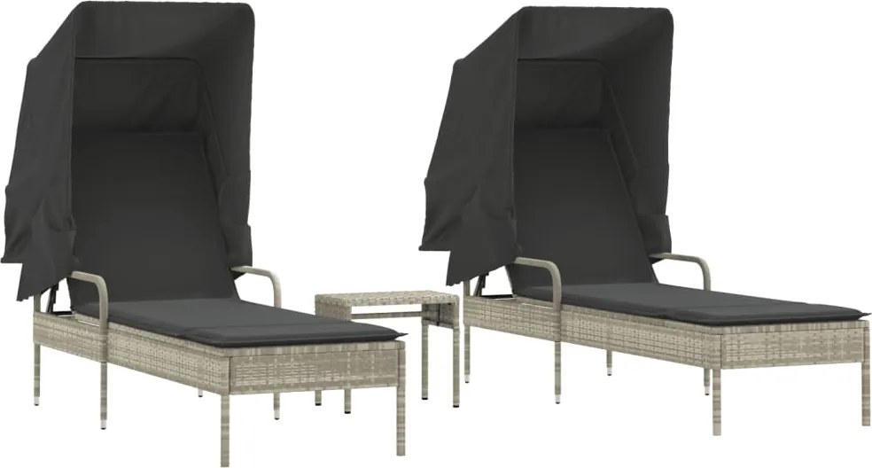 vidaXL Șezlonguri 2 buc. cu baldachine și masă gri deschis poliratan