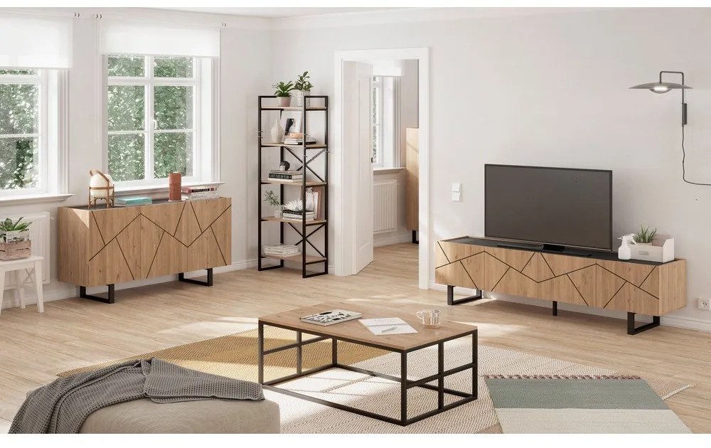 Etajeră negru/natural cu aspect de lemn de stejar 58x175 cm Dusan – Marckeric