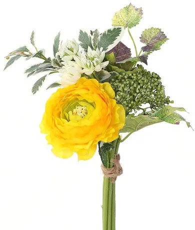 Buchet artificial de Ranunculus, cu ornamente  galbene, 30 cm