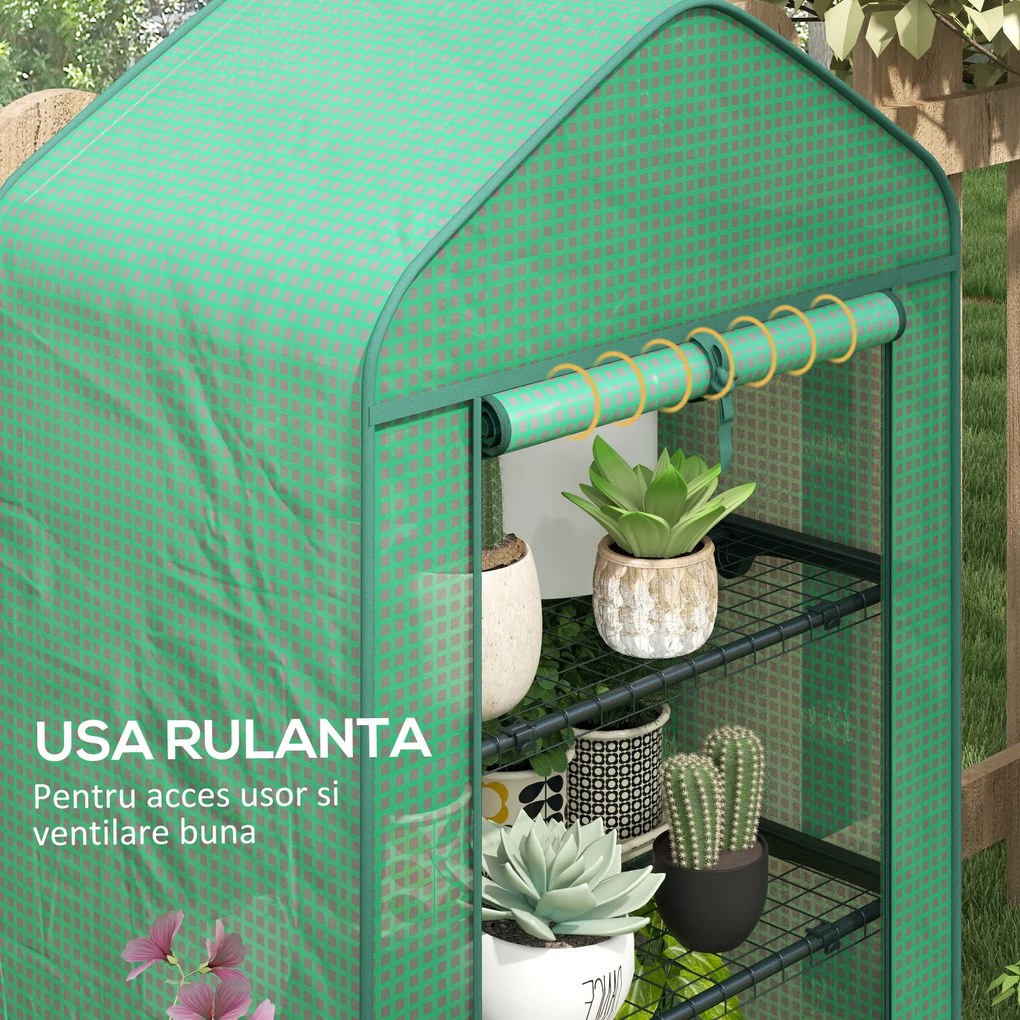 Outsunny Seră de Grădină în 4 Niveluri cu Ușă Rulantă, Seră Mica din Metal &amp; PE, 69x49x158 cm, Verde Închis | Aosom Romania