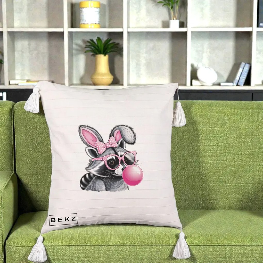 Perna Decorativa Raton cu Urechi de Iepure si Guma de Mestecat, 40x40 cm, Bej cu Franjuri, Husa Detasabila, Perna Inclusa, BEKZ®