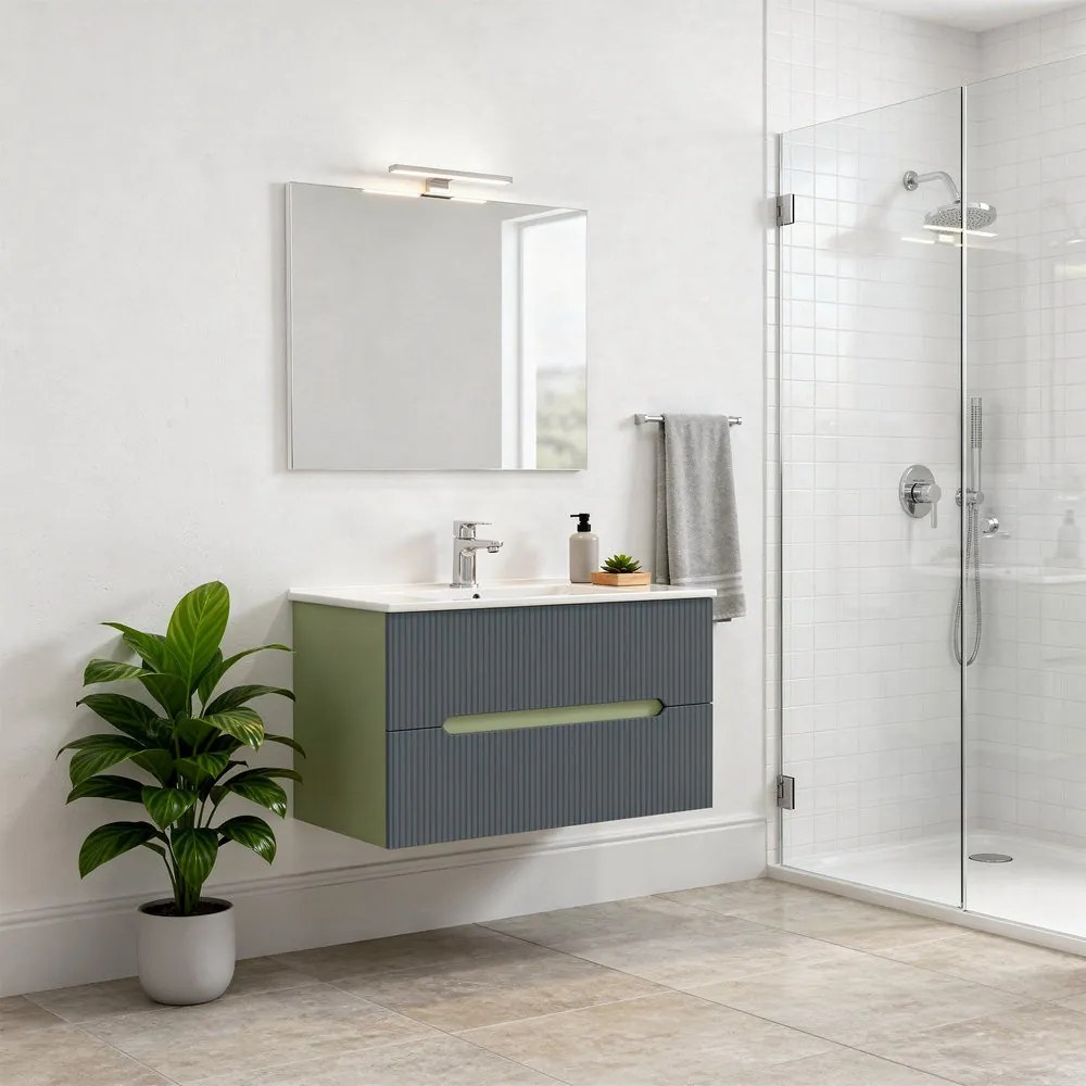 Trent Mobilier de baie 80 cm lavoar ceramic (2 sertare) cu oglindă 60x80 cm verde fistic-gri antracit