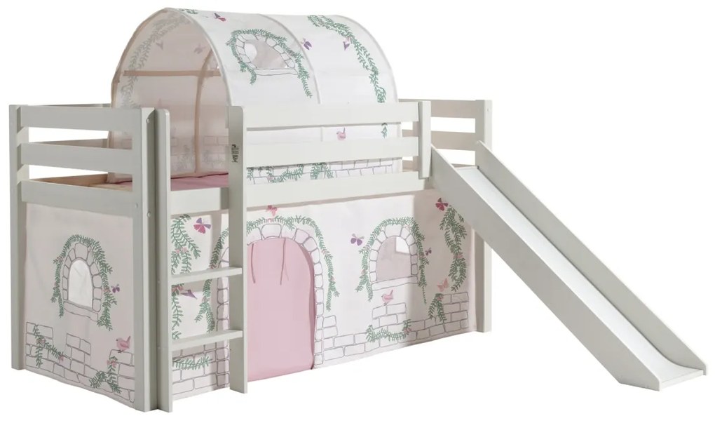 Pat Supraetajat PINO cu Tobogan, Cort și Tunel BIRDY, Alb (Pin Masiv și Textil) – PINO – Vipack