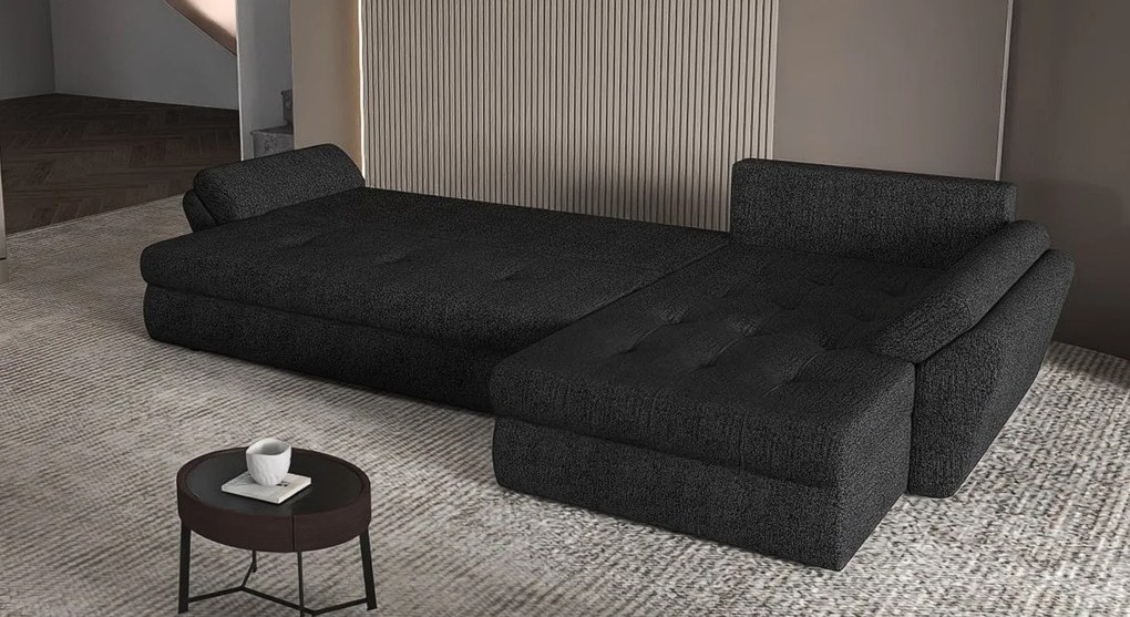 Colțar extensibil dumonde cu ladă de depozitare si sezut confortabil din spuma high-density, Loana XL Enjoy Negru 335x185 cm