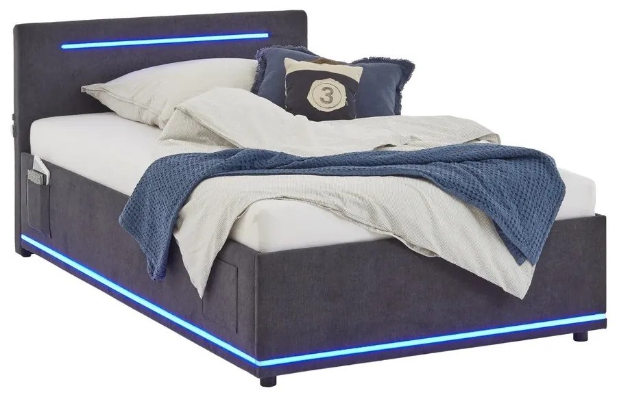 Pat pentru copii gri închis tapițat cu spațiu de depozitare cu somieră 140x200 cm Circle – Meise Möbel