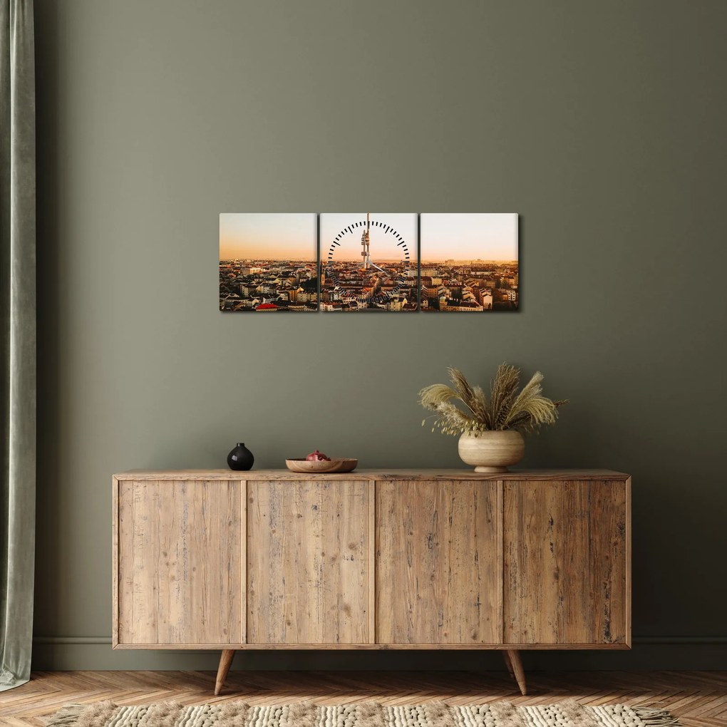 Tablou apusului de soare deasupra orașului Zizkov (cu ceas) (90x30 cm)