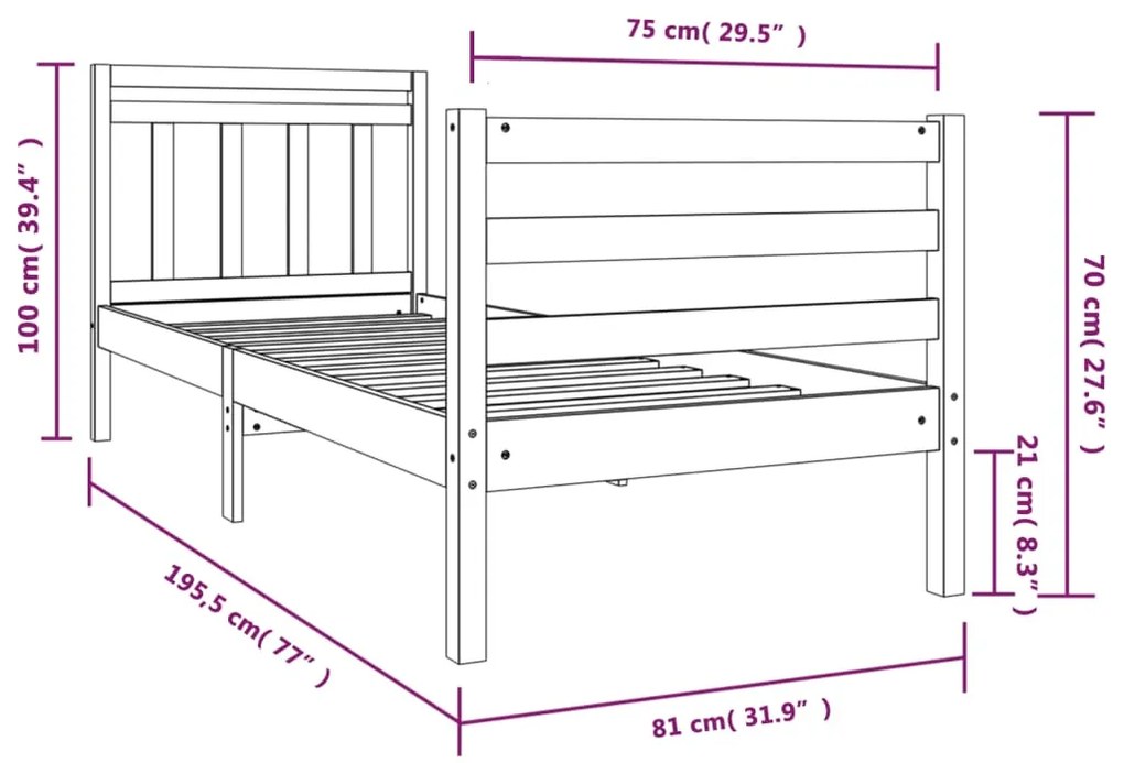 Cadru de pat Small Single 2FT6, gri, 75x190 cm lemn masiv Gri, 75 x 190 cm