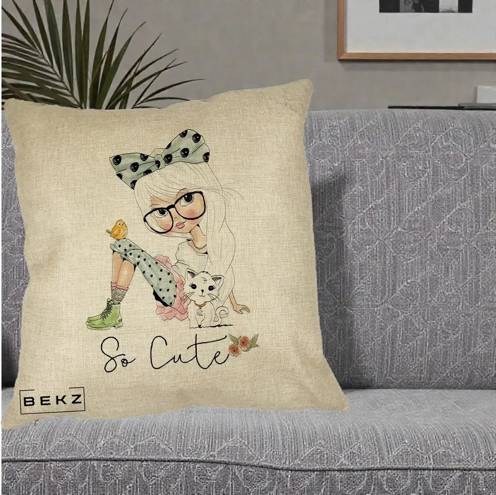 Perna Decorativa So Cute Fata Fashion, 40x40 cm, Crem, Husa Detasabila, Perna Inclusa, BEKZ®