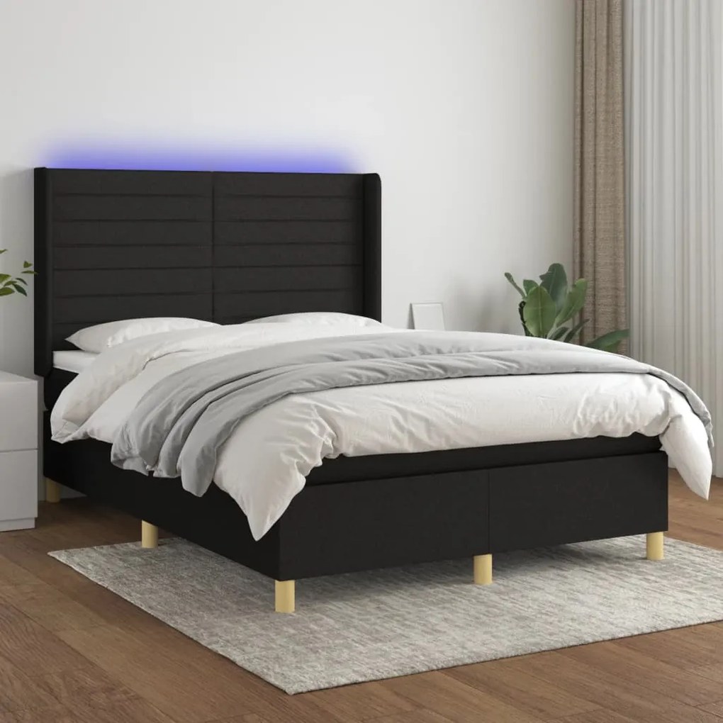 vidaXL Pat cu arcuri, saltea și LED, negru, 140x200 cm, textil