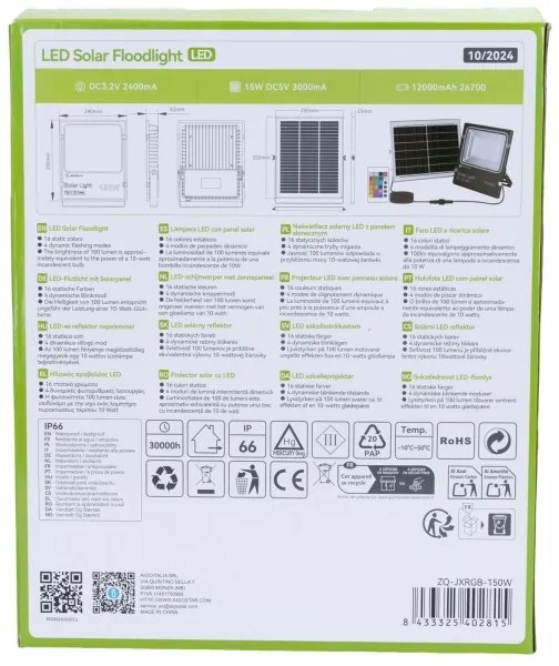 Proiector LED RGB solar dimabil Aigostar LED/15W/3,2V IP66 + telecomandă