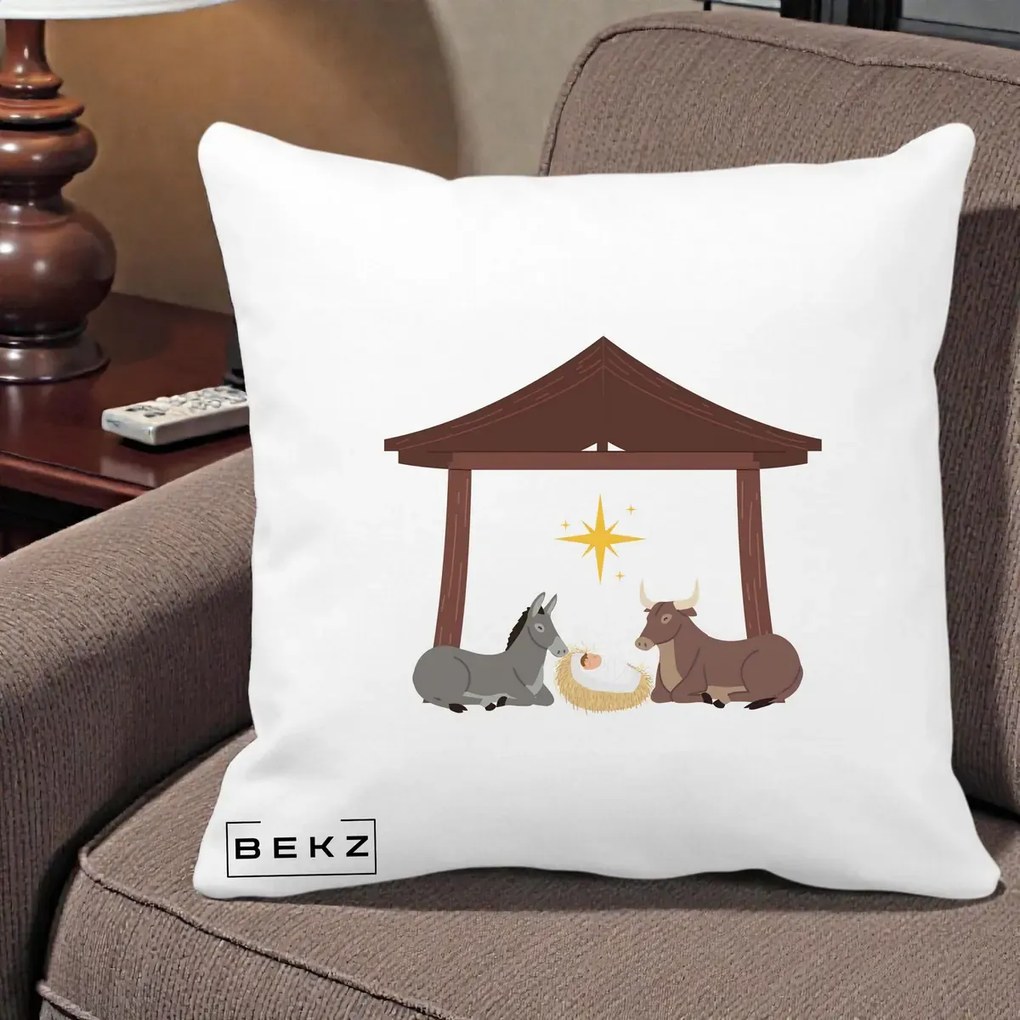 Perna Decorativa Ieslea din Betleem cu Iesle Asin si Bou, 40x40 cm, Alba Mata, Husa Detasabila, Perna Inclusa, BEKZ®