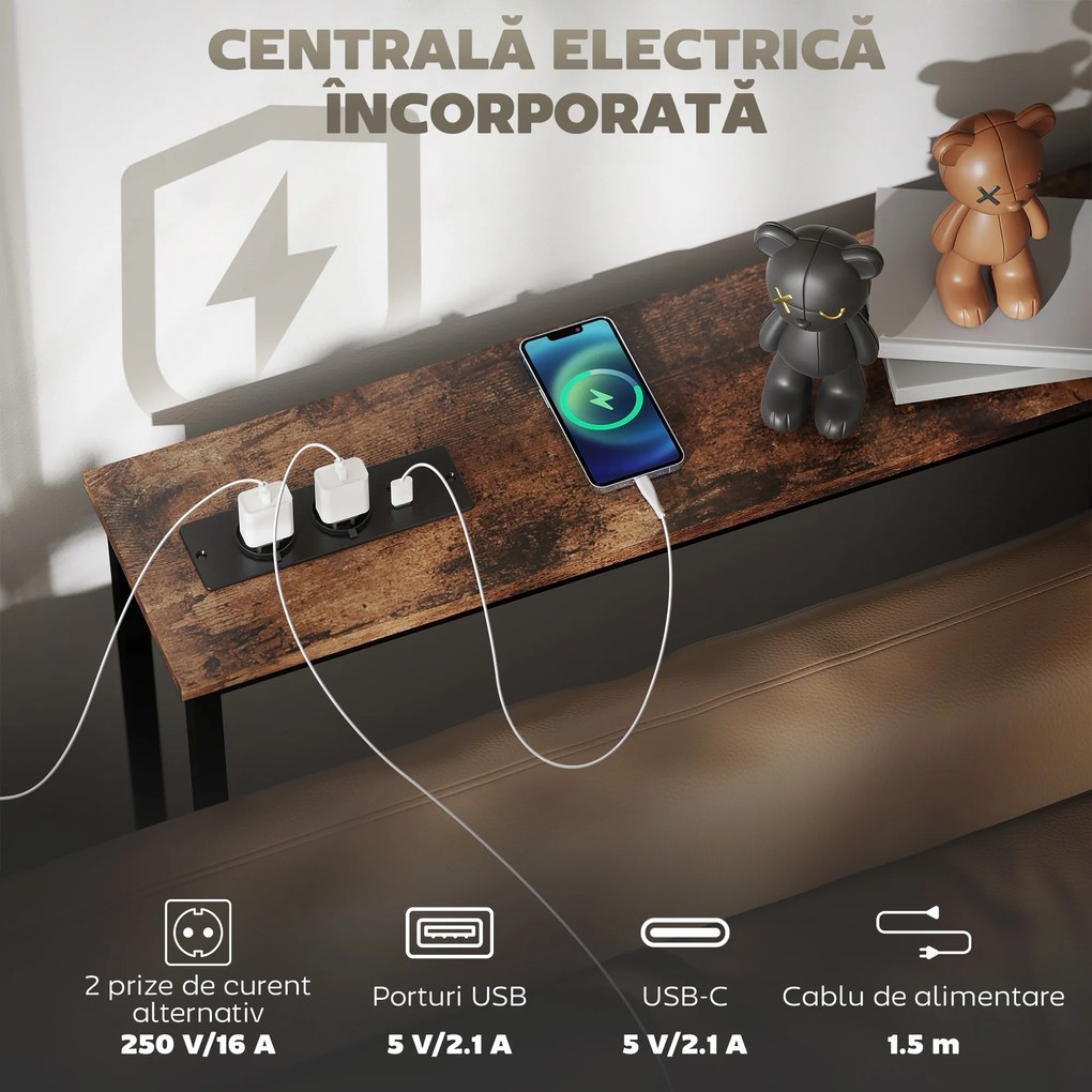 HOMCOM Masă Consolă Industrială cu Stație de Încărcare Maro | Aosom Romania
