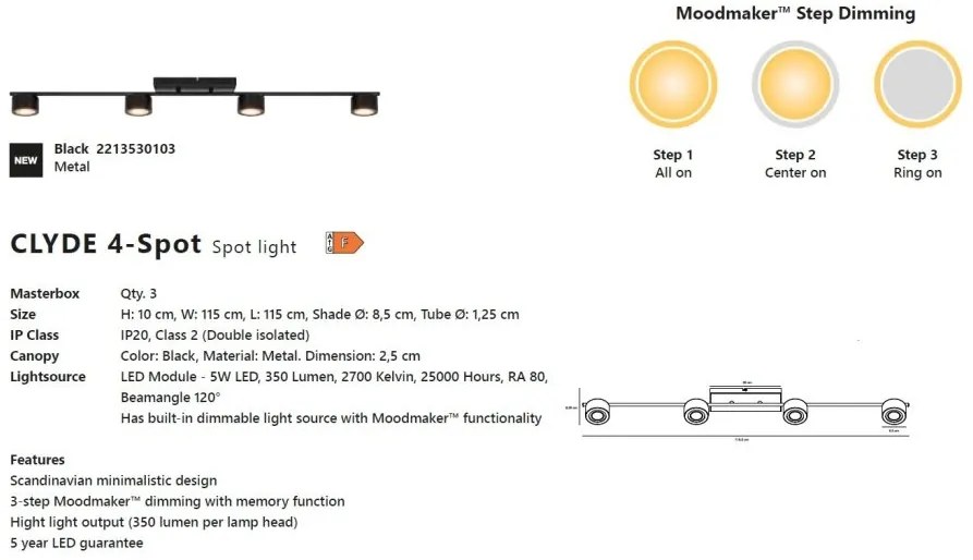 Plafoniera LED cu 4 spoturi, design modern, 3-Step MOODMAKER, Clyde 4 negru