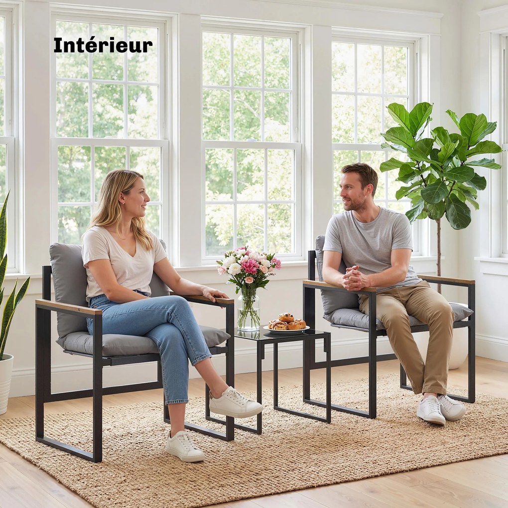 Outsunny Set de grădină 3 piese 2 locuri cu 2 fotolii 1 masă de cafea, blat din sticlă securizată și perne, gri | Aosom Romania