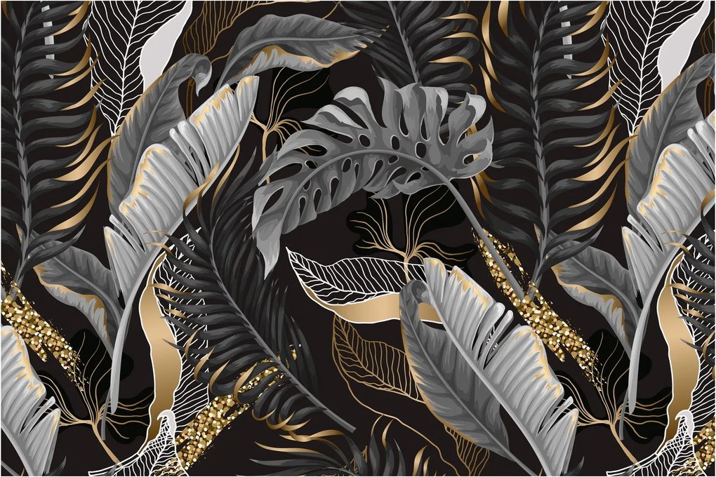 Tablou - Frunze tropicale, Galben - auriu (90x60 cm)