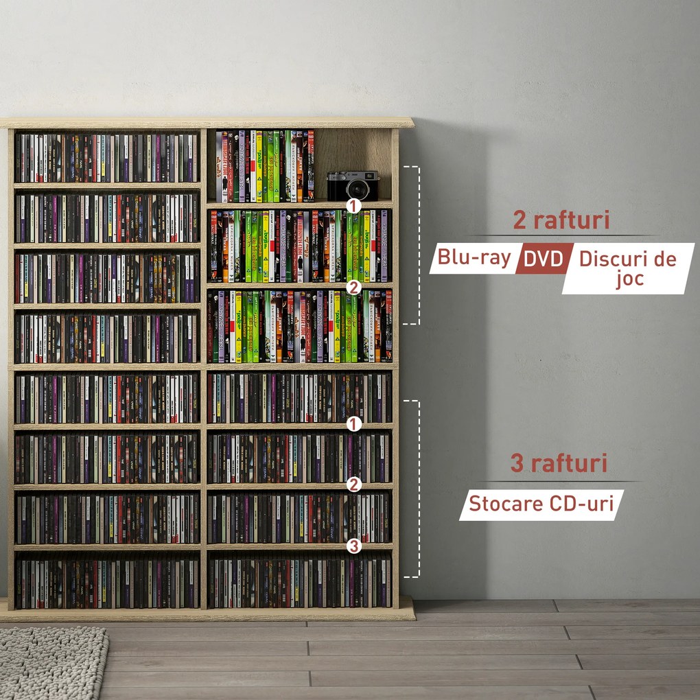 HOMCOM Dulap Bibliotecă pentru CD-uri cu 16 Rafturi, Design Modern, din Lemn, 106,5x24x126,3 cm, Natur | Aosom Romania