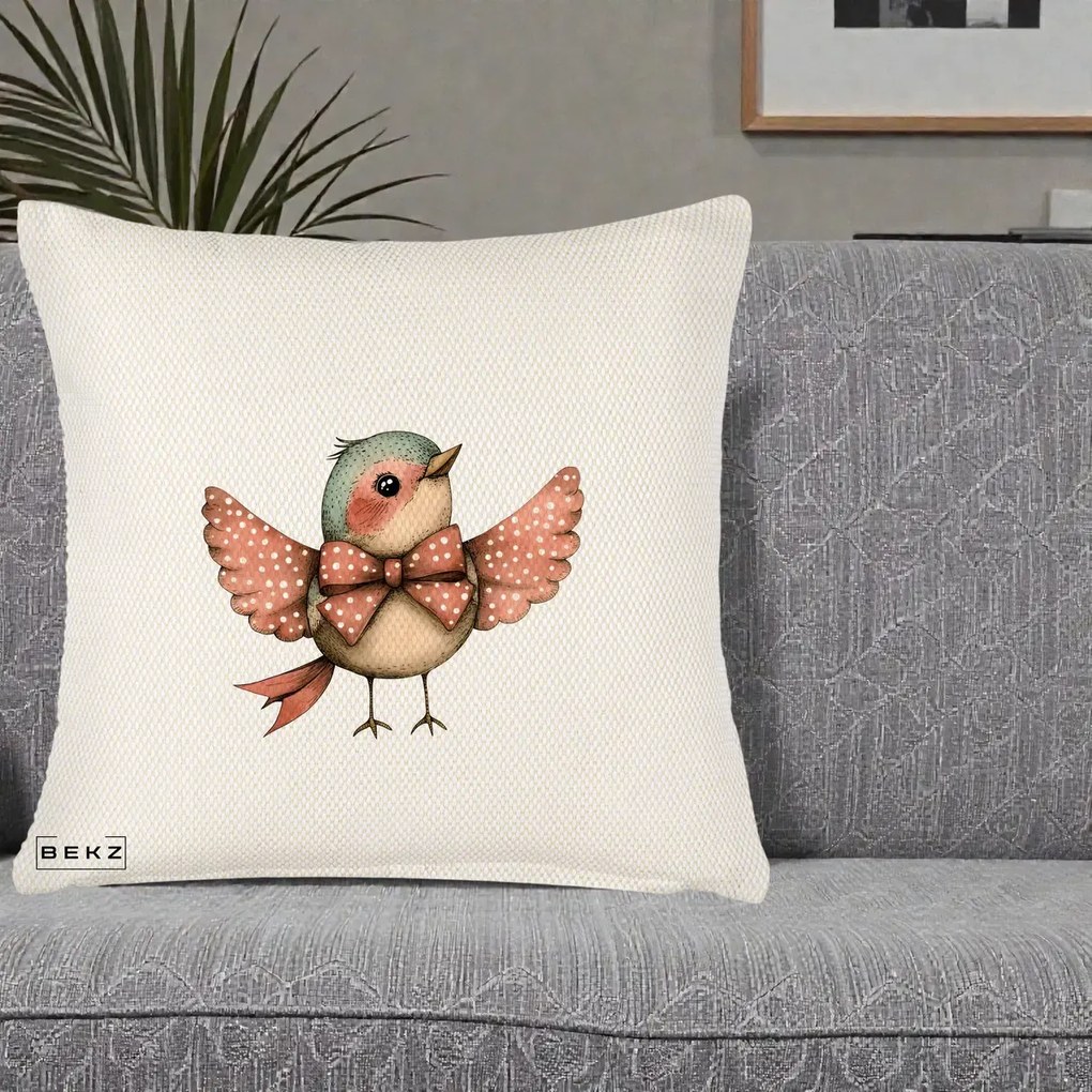 Perna Decorativa Pasare Roz cu Aripi si Fundita, 40x40 cm, Crem Reliefat, Husa Detasabila, Perna Inclusa, BEKZ®