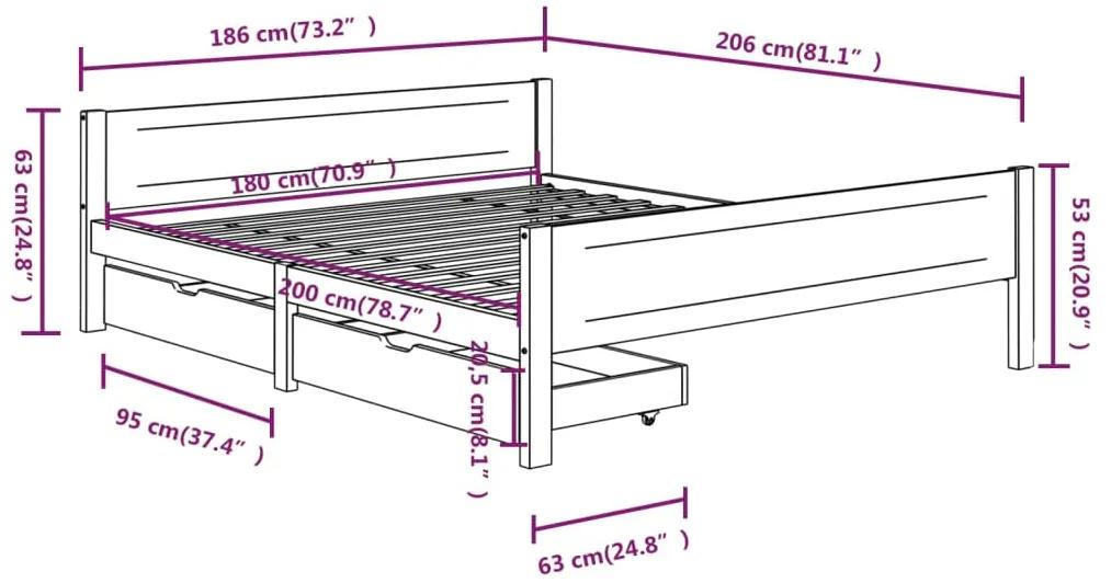 Cadru de pat cu 2 sertare, 180x200 cm, lemn masiv pin Maro, 180 x 200 cm, 2 Sertare