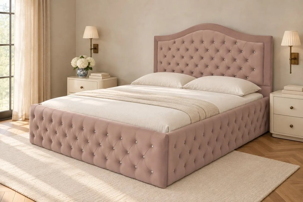 Pat tapițat Chesterfield din catifea Solaria Deluxe Cristal 160×200 cm, cappuccino, cu ladă de depozitare
