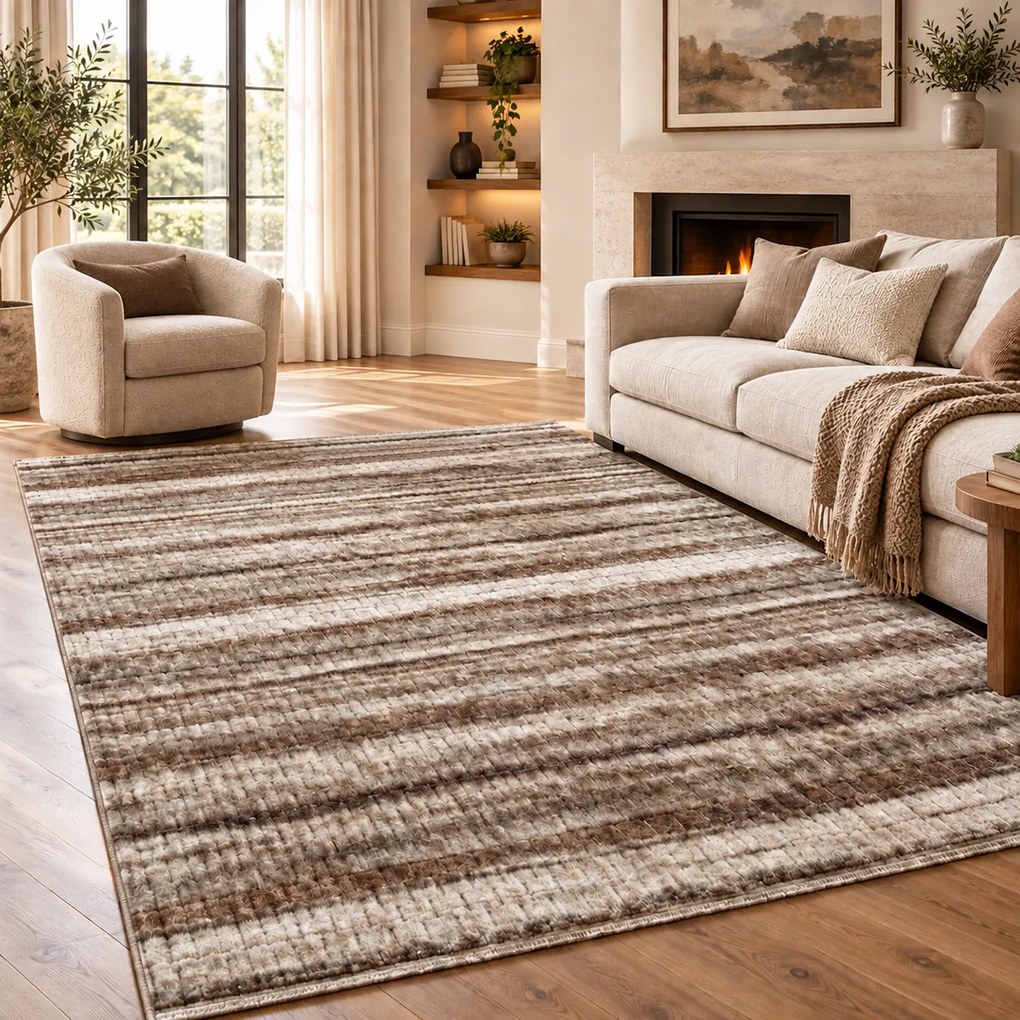 Covor cameră antiderapant Welsoft Plus, model dungi, maro-bej, 200x300 cm