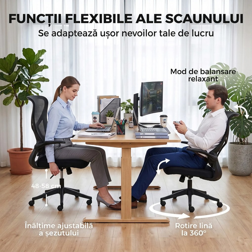 HOMCOM Scaun de birou ergonomic rotativ cu brațe rabatabile, funcție de balans, înălțime reglabilă, din plasă, negru | Aosom Romania