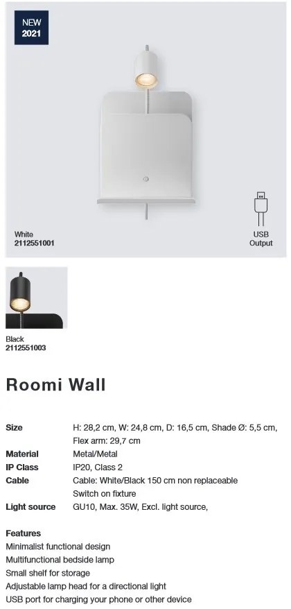 Aplica de perete, mufa USB, design modern ROOMI negru 2112551003 NL