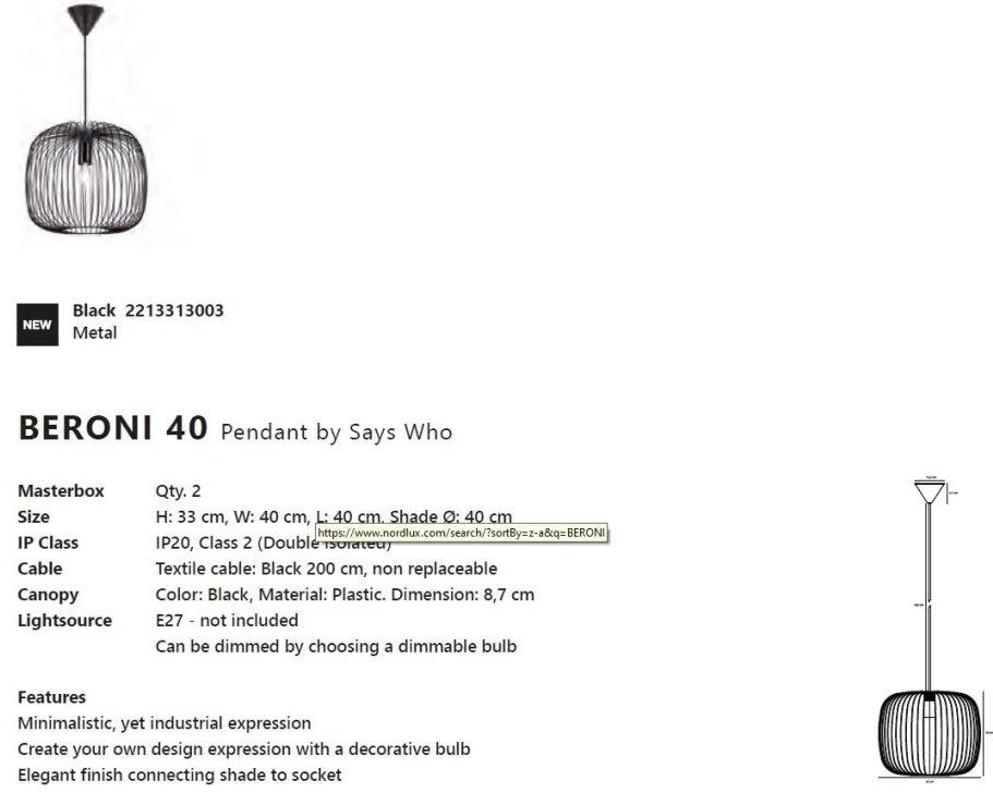 Pendul design modern Beroni 40 negru