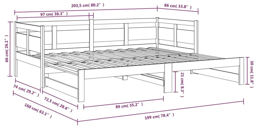 Pat de zi extensibil, 2x(80x200) cm, lemn masiv de pin Maro, 80 x 200 cm
