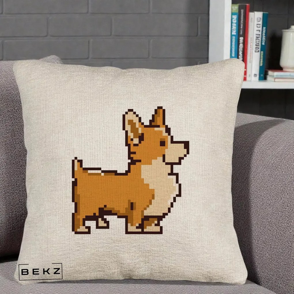 Perna Personalizata Corgi Pixel Art, 40x40 cm, Bej Canapea, Husa Detasabila, Perna Inclusa, BEKZ®