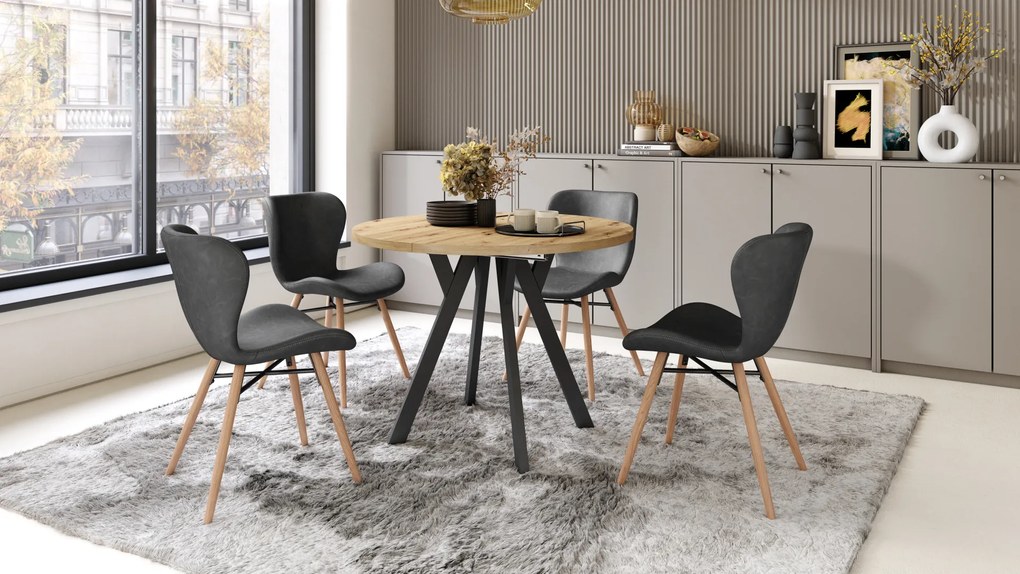 Mazzoni ALMO Stejar Artisan/picioare negre - MASĂ ROTUNDĂ EXTENSIBILĂ CU PICIOARE ÎN FORMĂ DE Y STIL LOFT PENTRU SALON/SUFRAGERIE