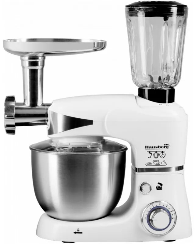 Robot de bucatarie cu bol din otel Hausberg HB-7605AB, 1000W, 5 L, 6 viteze, LED, Blender, Mixer, Masină de tocat carne, Alb