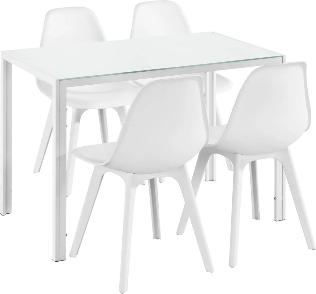 [en.casa] Set Xenia masa cu 4 scaune design, masa 105 x 60 cm, scaun 83 x 54 cm, sticla/metal/plastic, alb