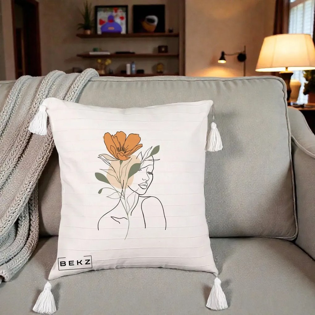 Perna Decorativa Portret Feminin Floare Portocalie, 40x40 cm, Bej cu Franjuri, Husa Detasabila, Perna Inclusa, BEKZ®