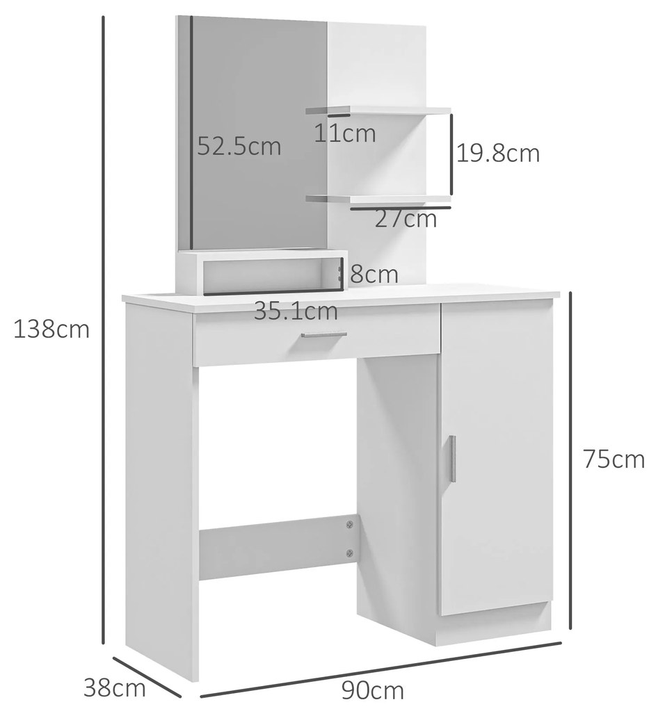 HOMCOM Masă de Machiaj cu Ușă, Sertar, Oglindă și Rafturi Deschise, 90x38x138 cm, Alb