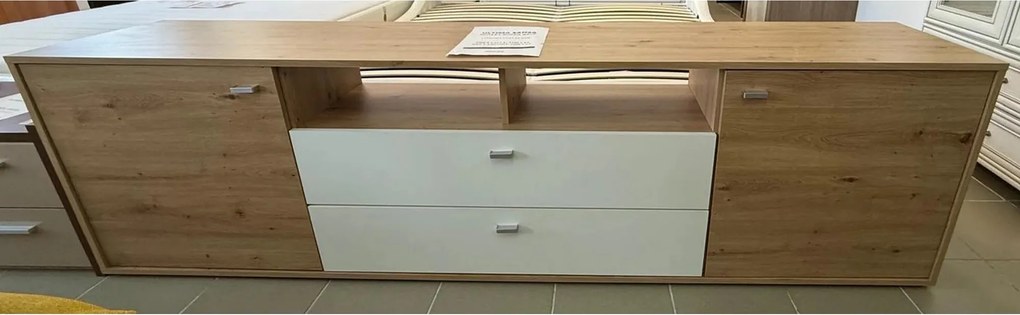 PRODUS RESIGILAT - Comoda TV CLEVELAND, stejar/alb, PAL, 220x42x62 cm