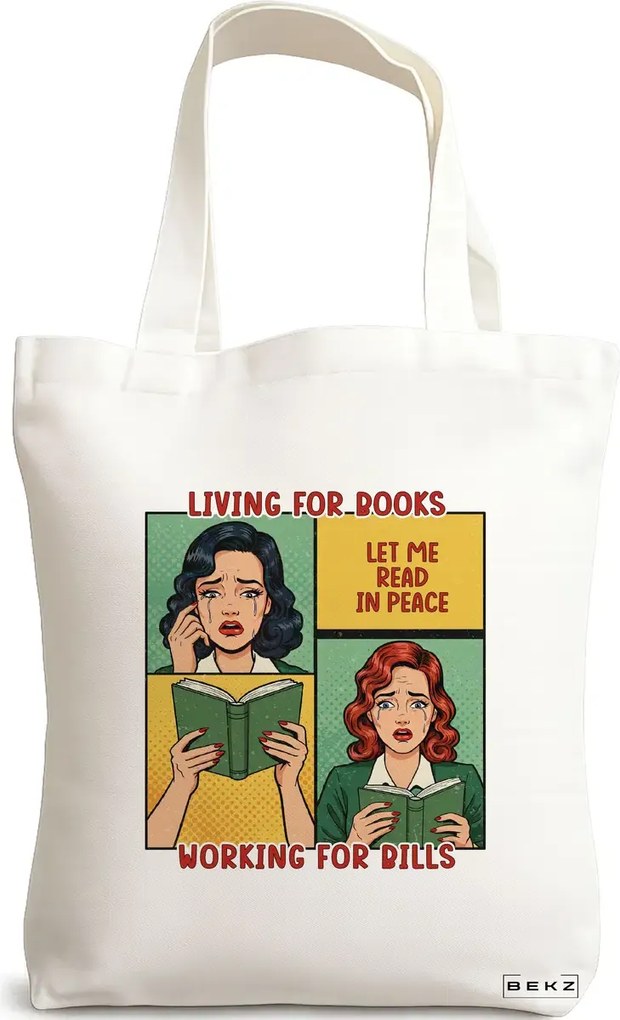 Sacosa de Panza pentru Cumparaturi, Geanta Tote, model Living for books, working for pills 38 x 34.5 cm, Alba, BEKZ®