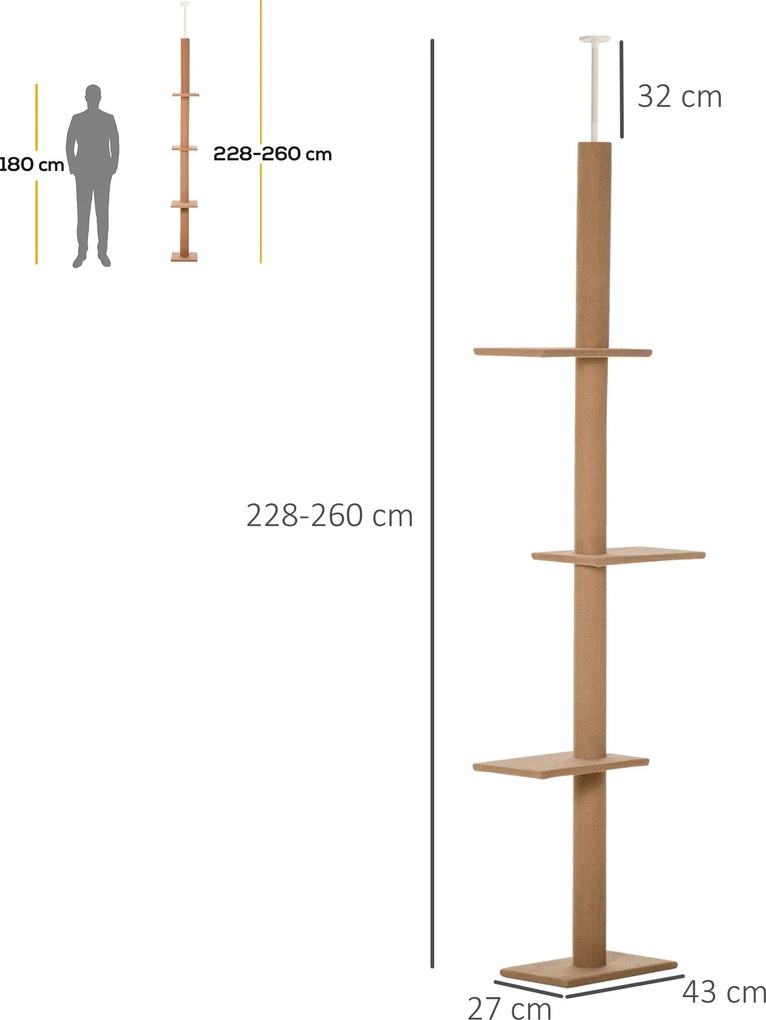 PawHut Coloană de Zgâriat Reglabilă pe 4 Nivele, Tapițată, 43x27x228-260cm, Gri | Aosom Romania