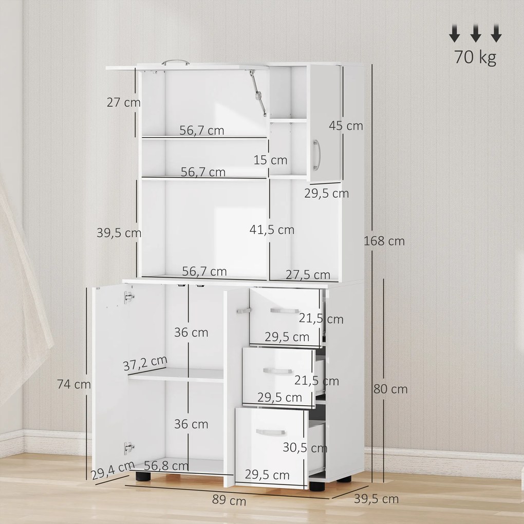 HOMCOM Dulap de bucătărie cu multiple spații 4 uși 3 sertare etajeră + blat mare 89L x 39,5l x 168H cm alb | Aosom Romania