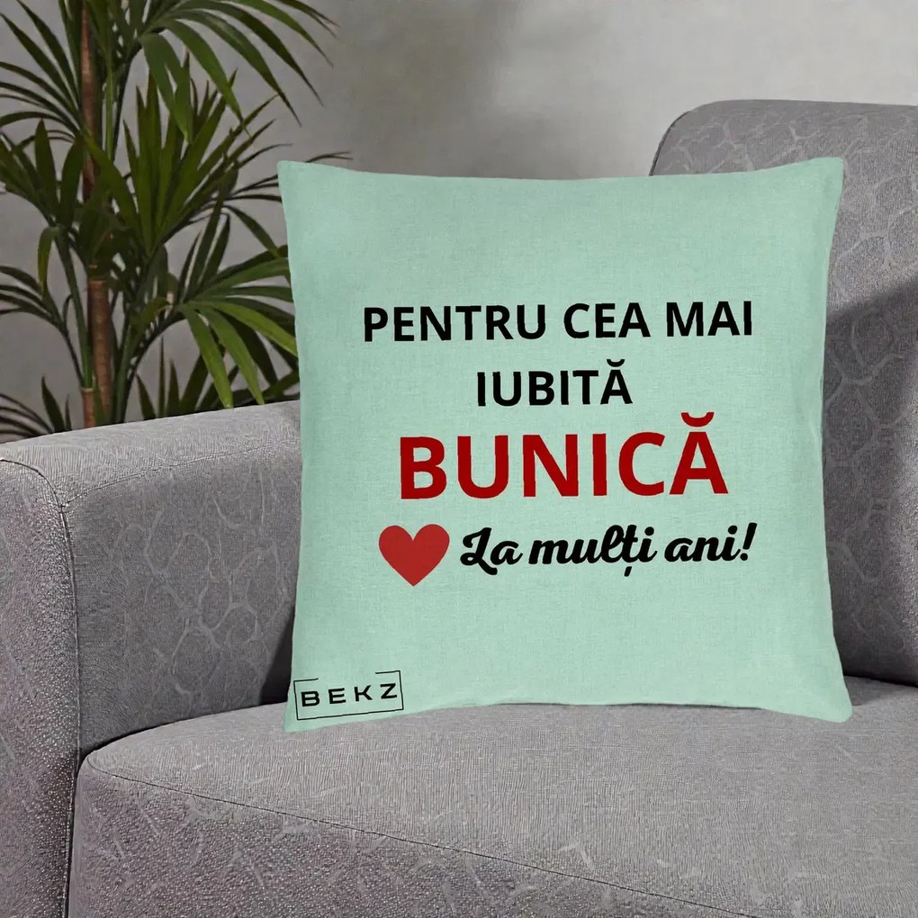 Cadou pentru Bunica - Perna Personalizata Pentru Cea Mai Iubita Bunica La Multi Ani Rosu, 40x40 cm, Verde Menta, Husa Detasabila, Perna Inclusa, BEKZ®