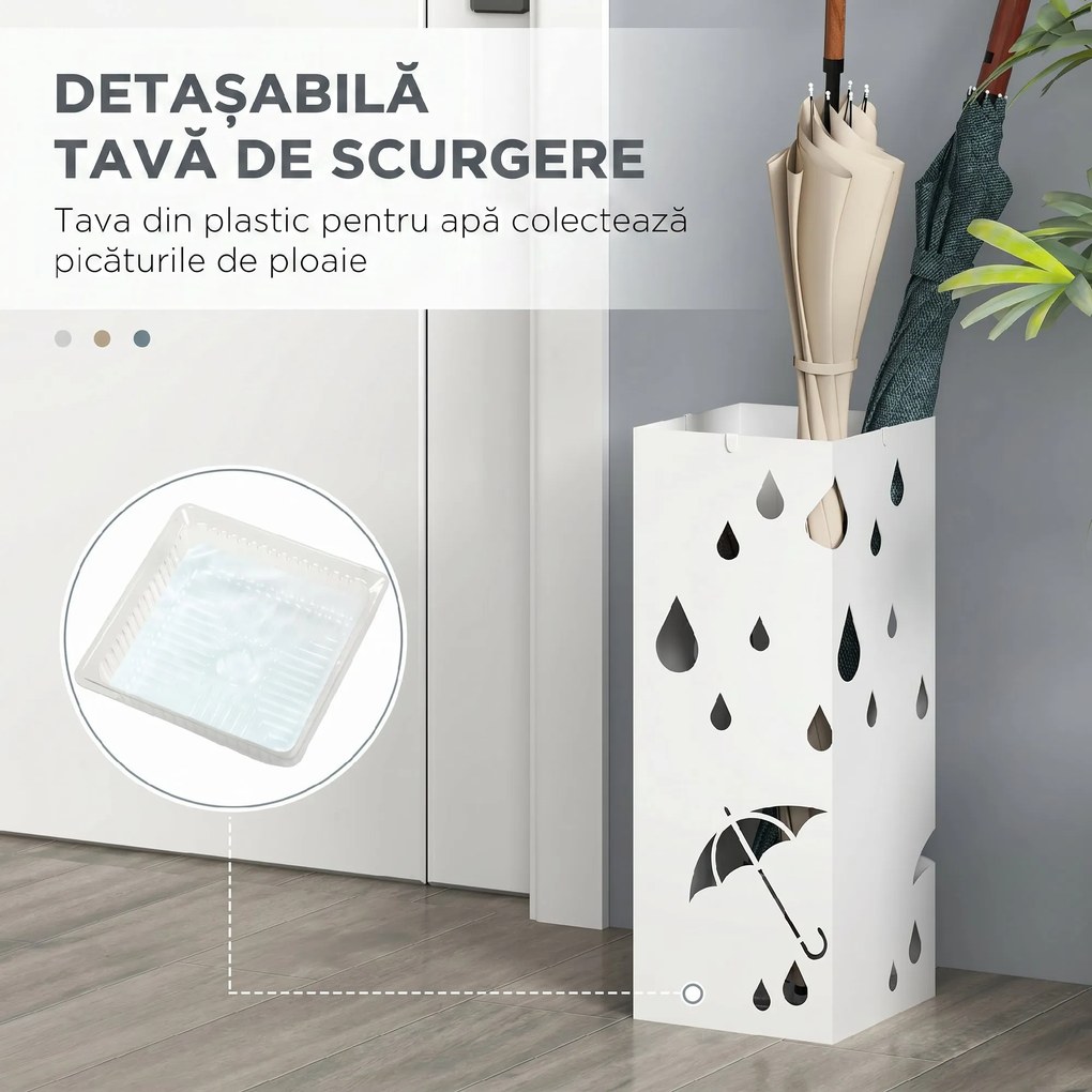 HOMCOM Suport pentru Umbrele din Metal cu 4 Cârlige, Suport pentru Umbrele cu Design Modern, 15,5x15,5x41 cm, Alb | Aosom Romania